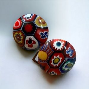 Vintage 50's Murano Art Glass Millefiori Venice Italy Round Clip on Earrings